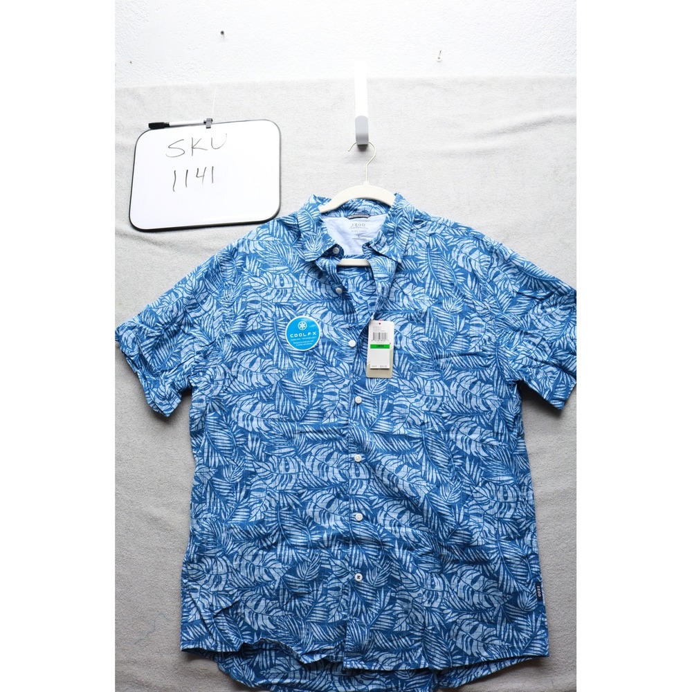 IZOD Shirt Mens Large Blue Saltwater Relaxed Classics CoolFX Palm Leaf 45PW329